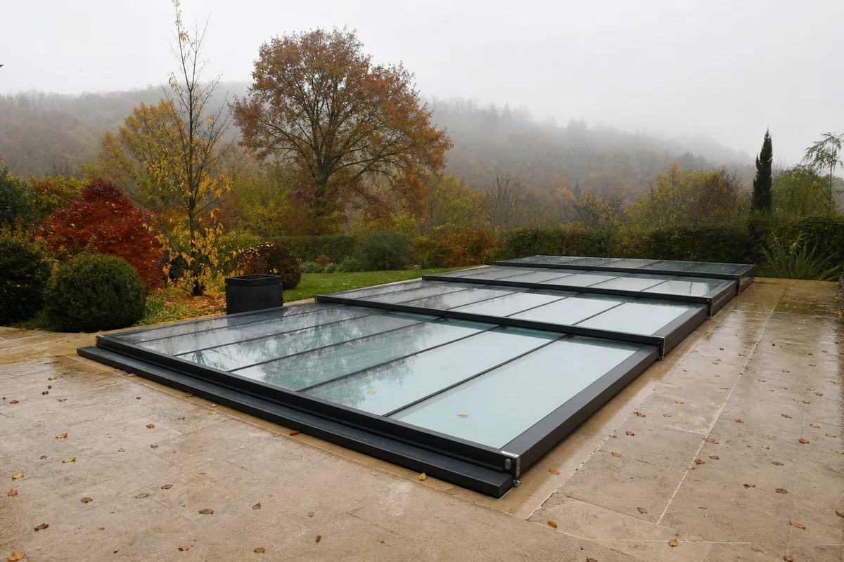 Abri de piscine bas et vitré fermé sur un bassin en fin de saison