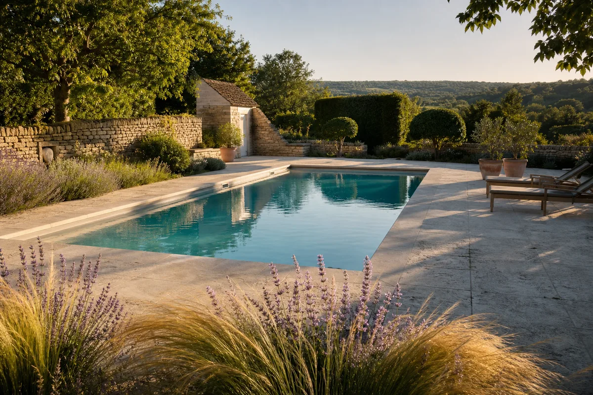 Aménagement de piscine : plage, terrasse, clôture, végétal