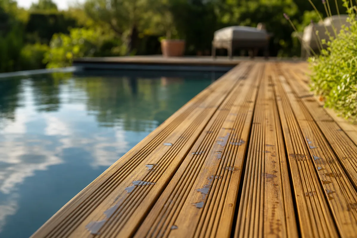 Terrasse en bois exotique bordant une piscine, lames posées parallèlement au bassin