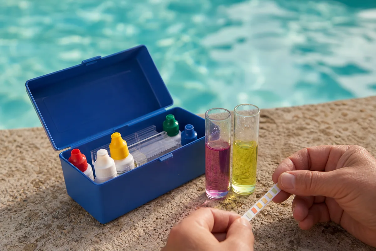 Trousse d&rsquo;analyse d&rsquo;eau de piscine posée sur une margelle claire au bord d&rsquo;un bassin