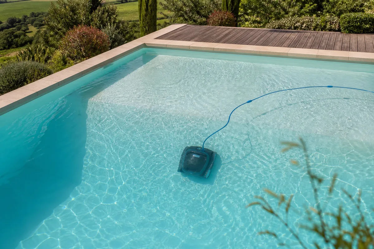 Robot nettoyeur de piscine en action au fond d&rsquo;un bassin turquoise sous une lumière matinale