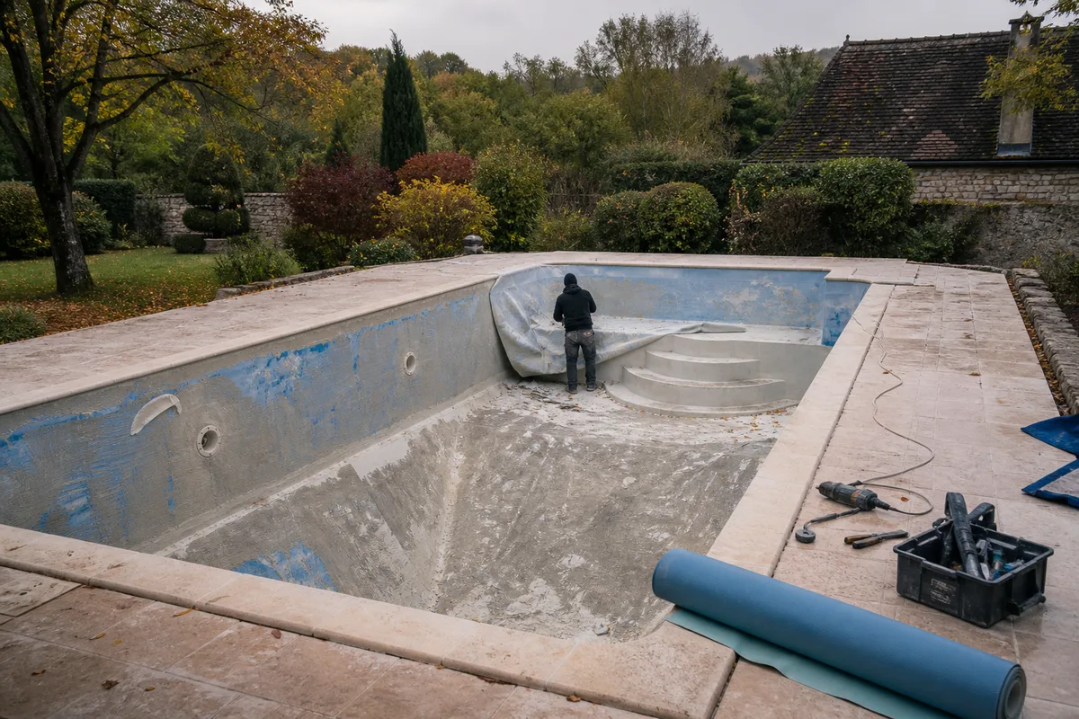 Bassin vidé en cours de rénovation avec ancien liner déposé