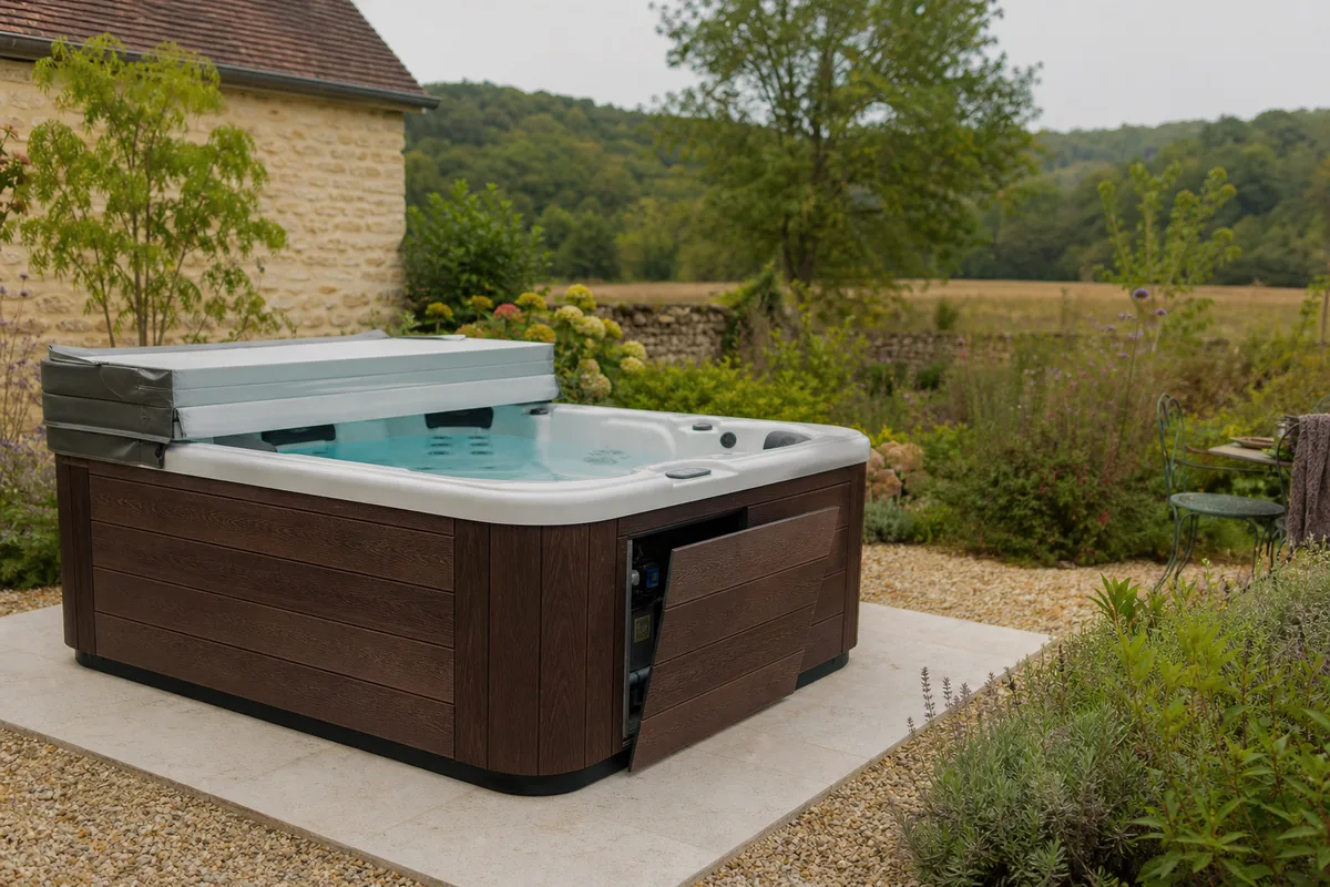 Spa extérieur en bois installé sur une terrasse de jardin bourguignon