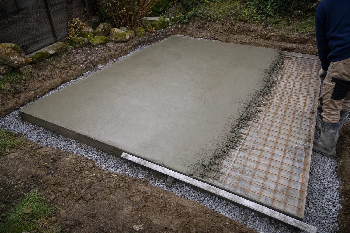 Dalle béton ferraillée fraîchement coulée dans un jardin, prête à recevoir un spa