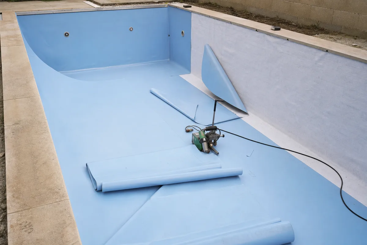 Rouleau de membrane armée déroulé au fond d’un bassin en cours de rénovation