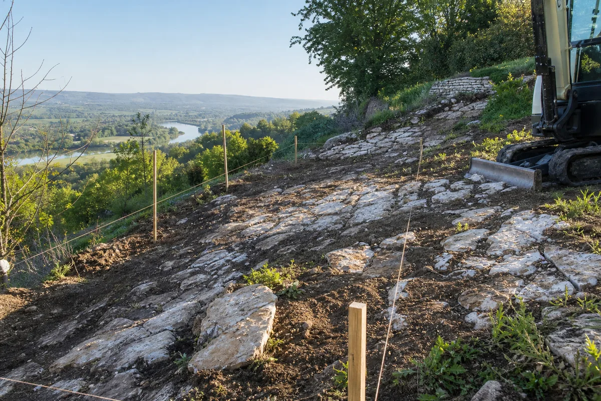 Terrain de coteau surplombant la vallée de l&rsquo;Yonne près d&rsquo;Auxerre avant chantier de piscine