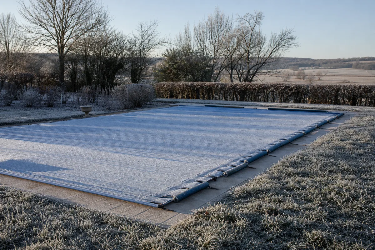 Bassin auxerrois hiverné sous une couverture d&rsquo;hiver par un matin de gelée blanche