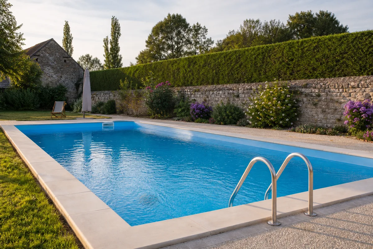 Piscine rénovée avec margelles claires dans un jardin du nord de l’Yonne au printemps