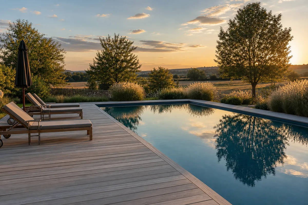 Piscine achevée bordée d&rsquo;une terrasse en bois dans un jardin aubois en fin de journée