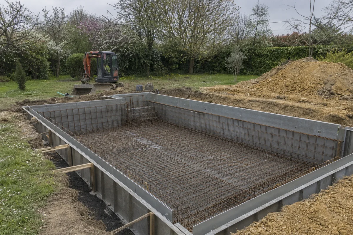 Chantier de construction de piscine en béton banché dans un jardin bourguignon