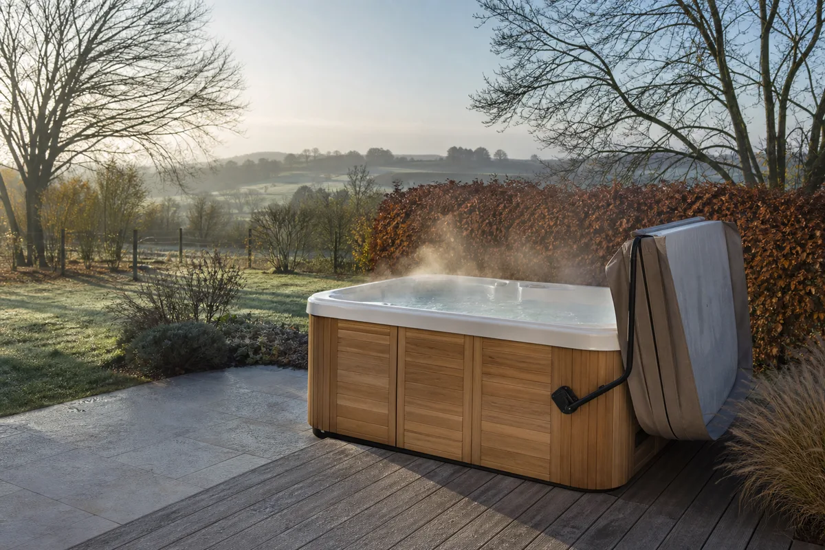 Spa en bois posé sur une terrasse de jardin, vapeur légère au petit matin