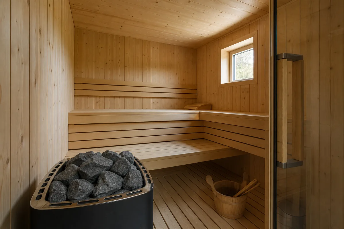 Cabine de sauna en bois clair avec poêle à pierres et banquettes